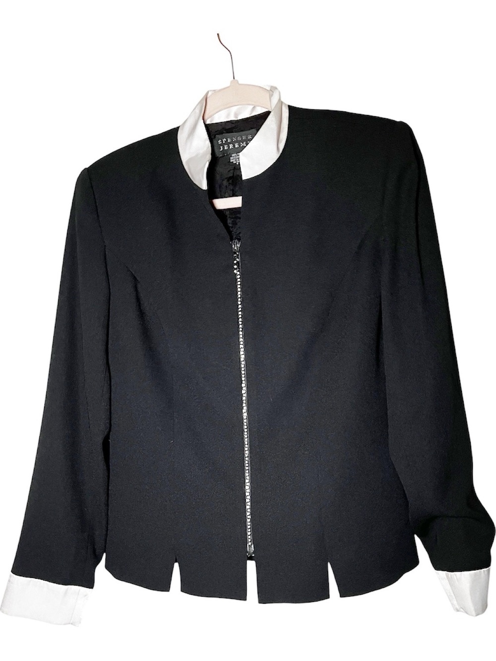 Spenser Jeremy Black bling Zip Front Jacket white satin contrast cuffs & collar